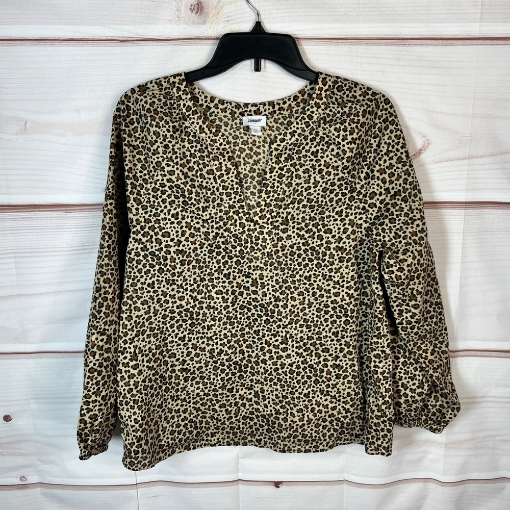 J Crew Top Womens Medium Leopard Print Blouse Pullover Cotton Long Sleeve Woven